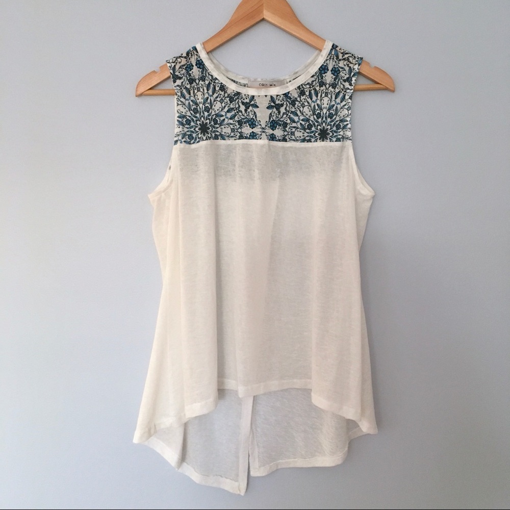Coin 1804 Asymmetric Linen Tank, White Blue Floral